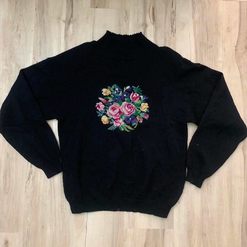 Vintage JG Hook 80s Black Floral Embroidered Wool Mock Neck Sweater Large